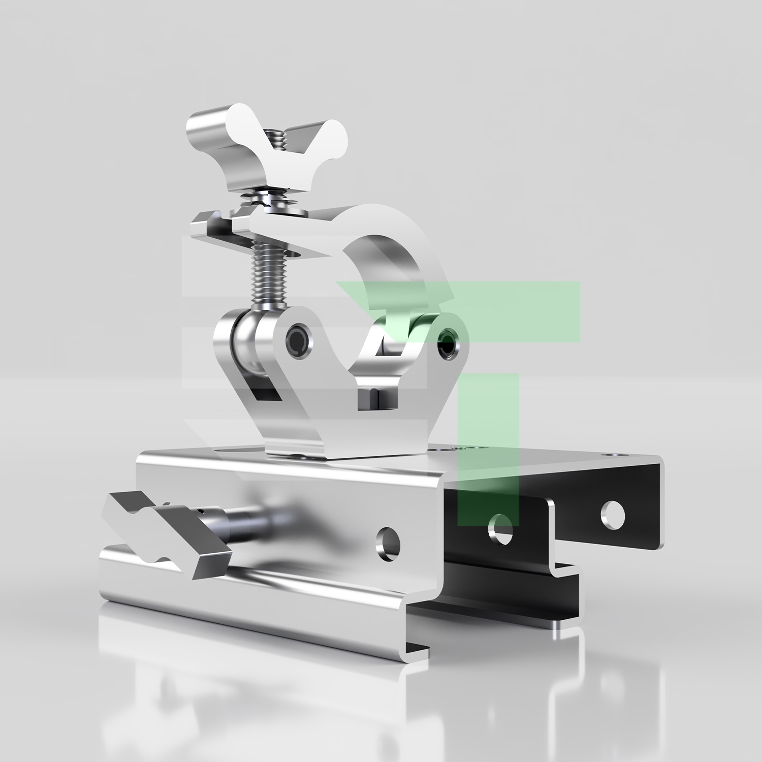 EVT50C-TNTCNC adjustable steel beam clamp with S-handle mounted on a structural beam section with EVT50C-BEHNC extra heavy duty 2-inch truss clamp attached above for a complete beam-to-fixture mounting solution