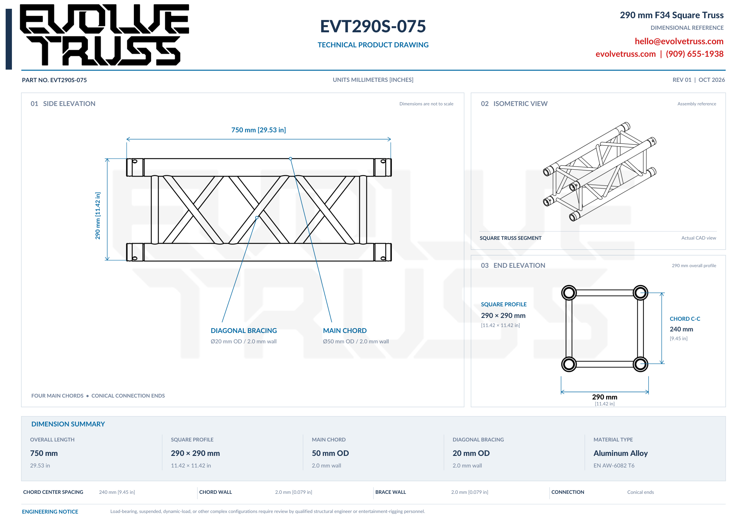 EVT290S-075 technical product drawing showing the 750 mm side elevation, an isometric view, and the 290 x 290 mm end elevation with 240 mm chord center spacing