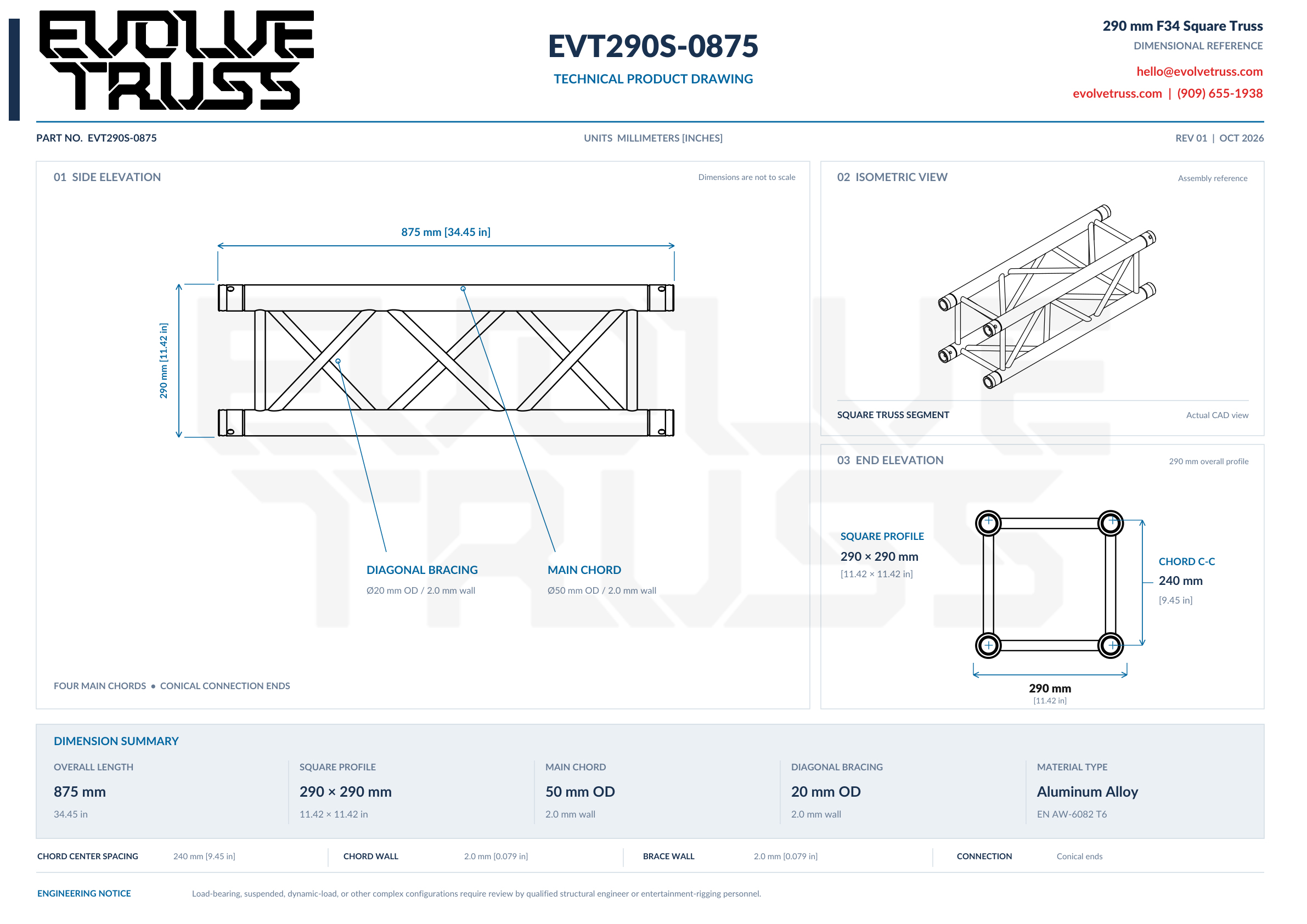 EVT290S-0875 technical product drawing showing the 875 mm side elevation, an isometric view, and the 290 x 290 mm end elevation with 240 mm chord center spacing