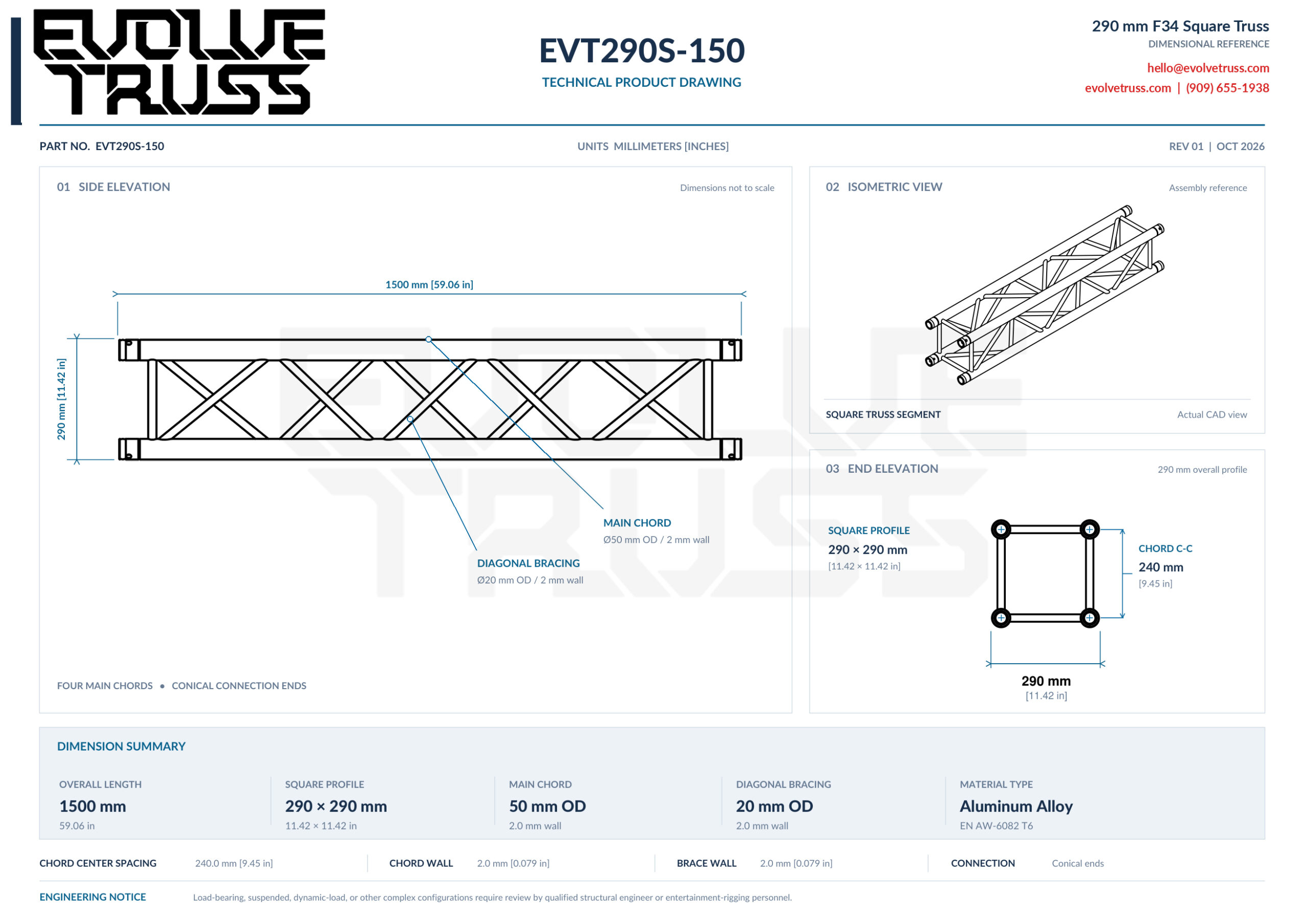 EVT290S-150 technical product drawing showing the 1500 mm side elevation, an isometric view, and the 290 x 290 mm end elevation with 240 mm chord center spacing